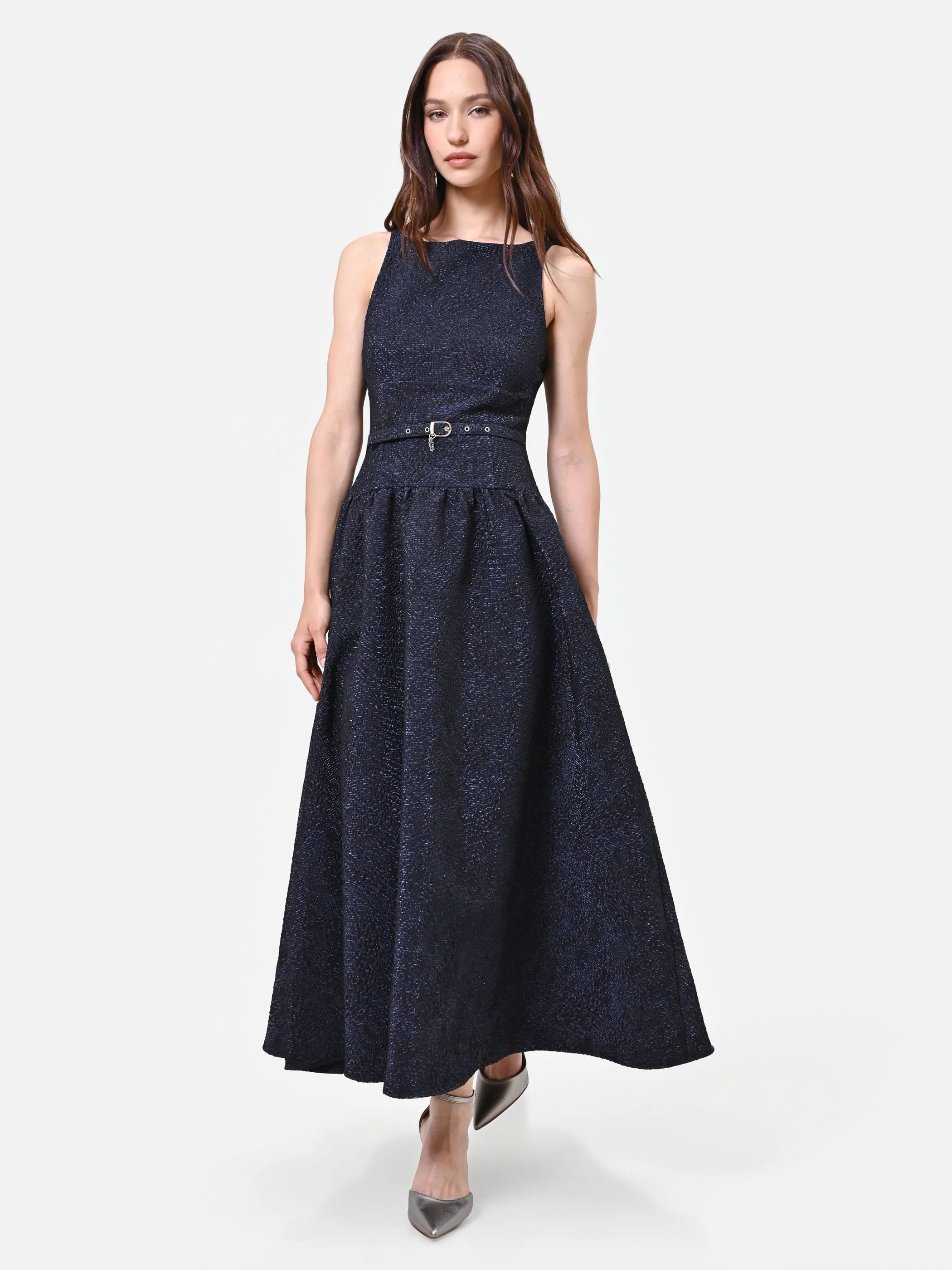 Abito blu navy jacquard con gonna ampia - Image 4