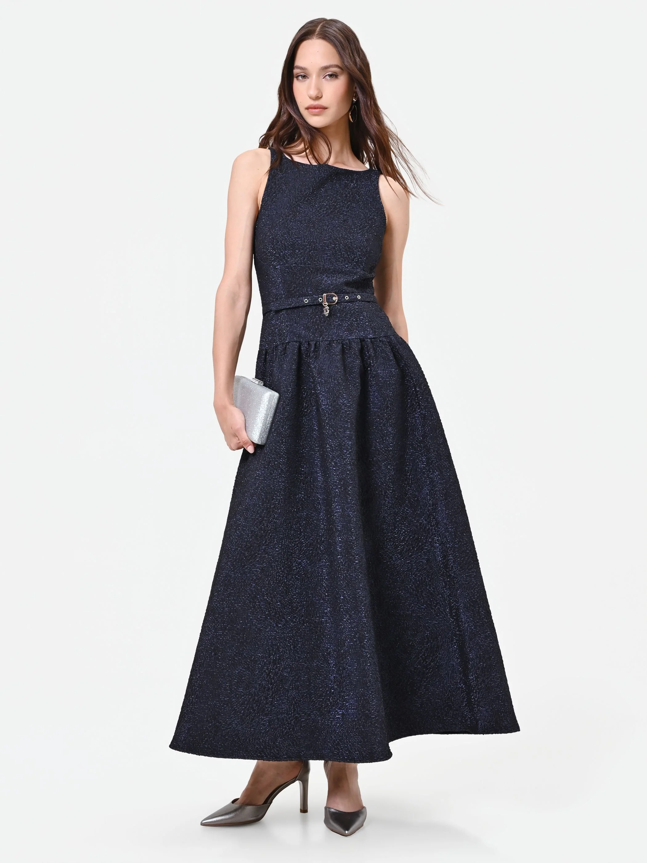 Abito blu navy jacquard con gonna ampia - Image 5