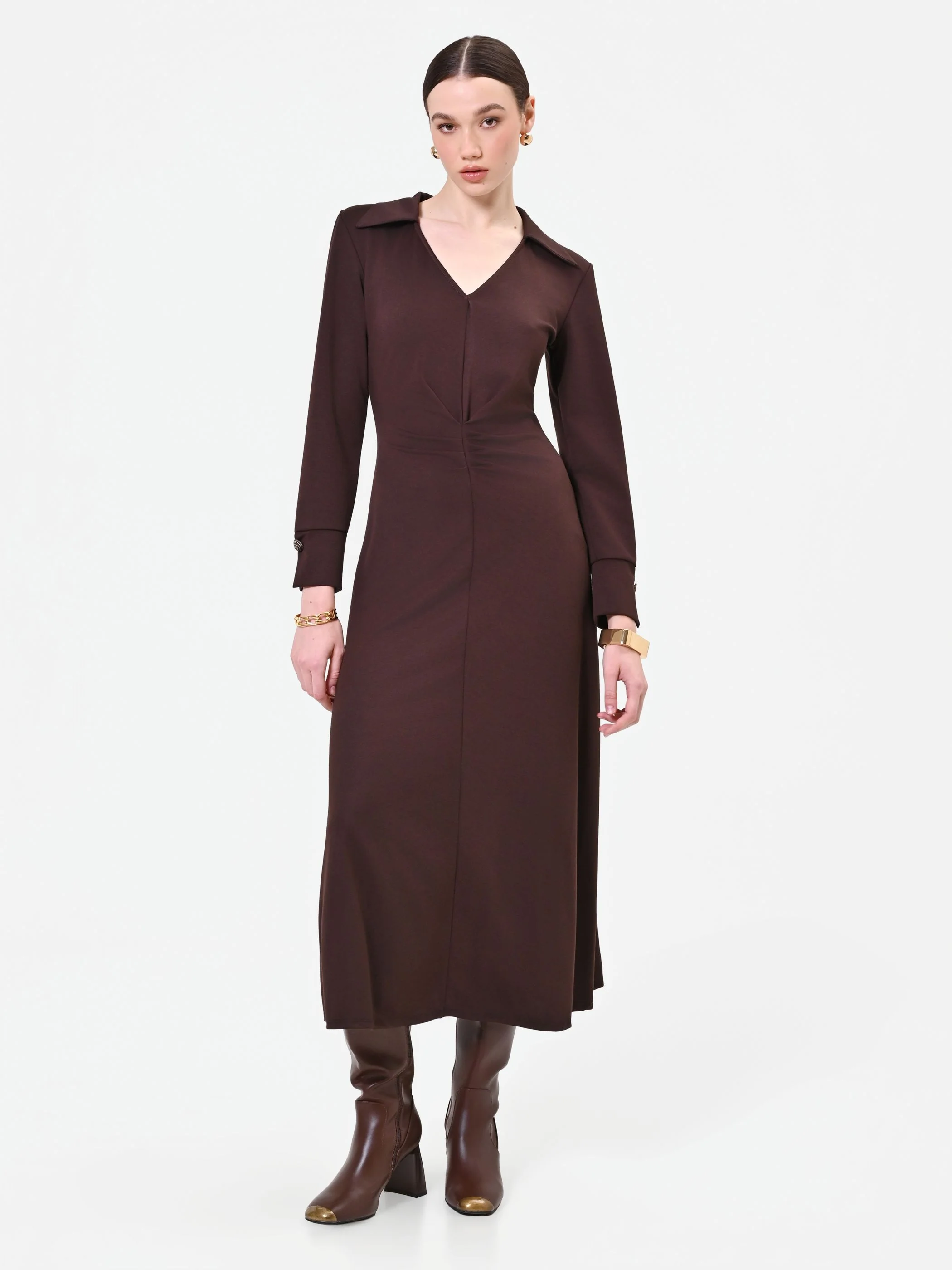 Abito longuette marrone moro con colletto a polo - Image 3