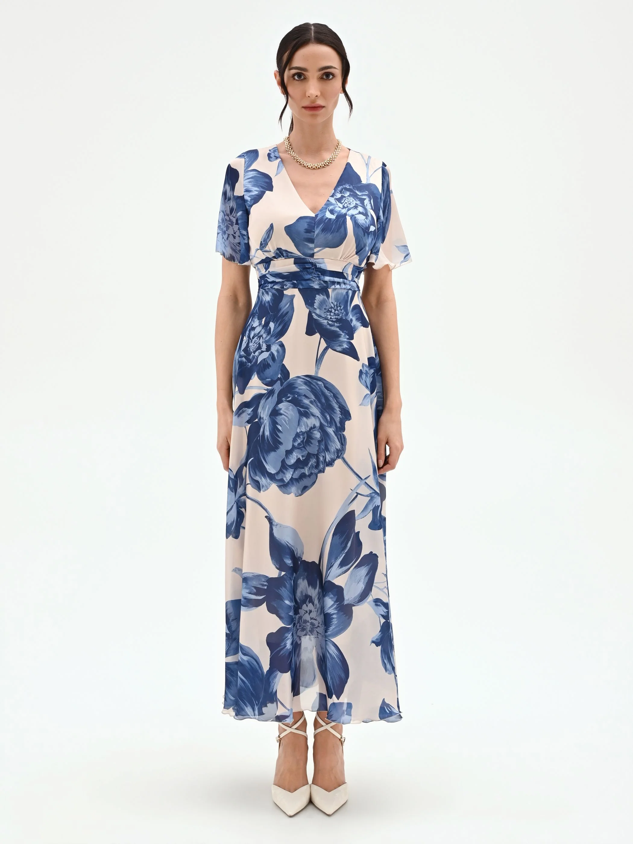Abito lungo blu brillante con fantasia floreale