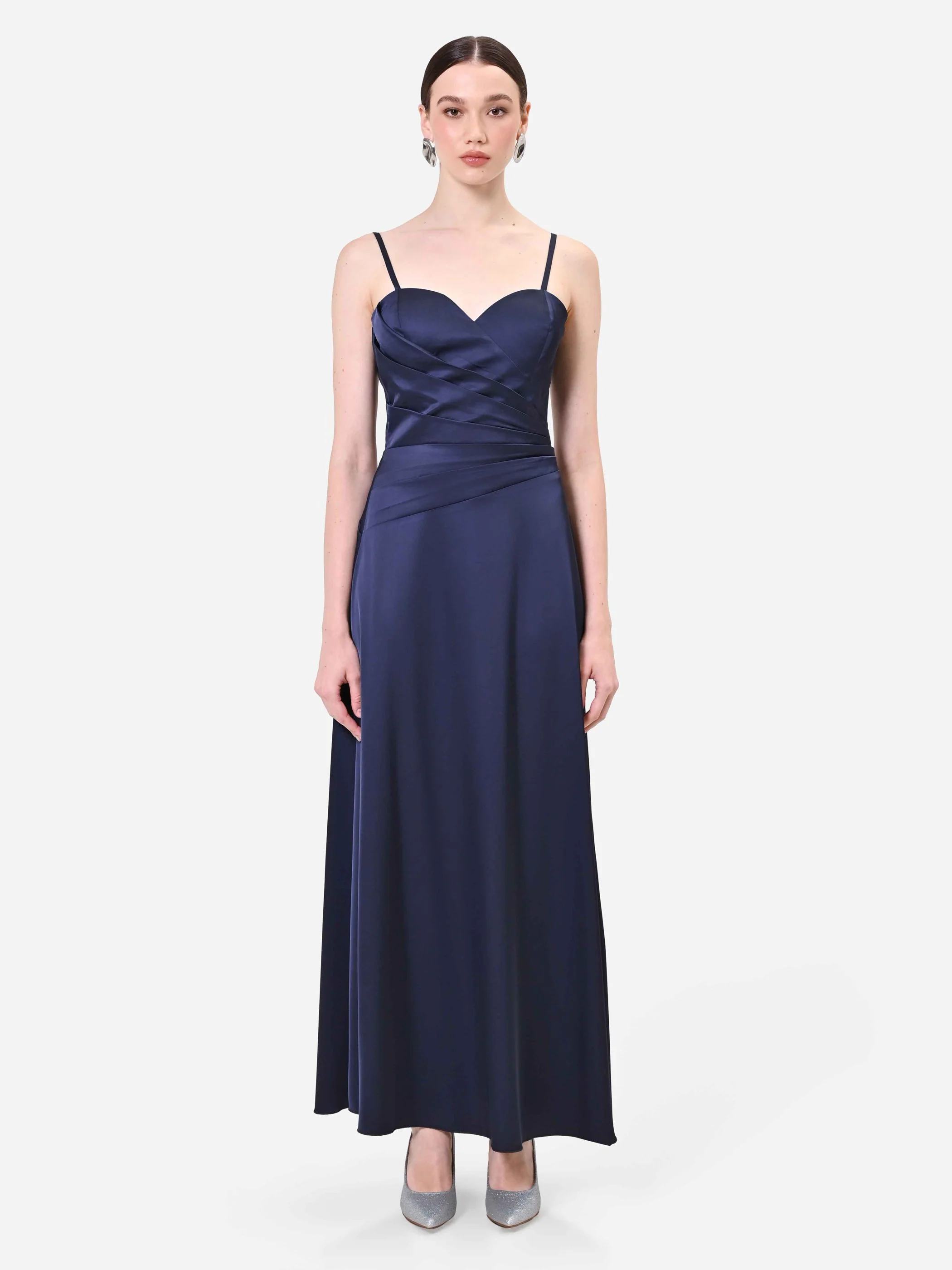 Abito lungo blu navy con drappeggio incrociato