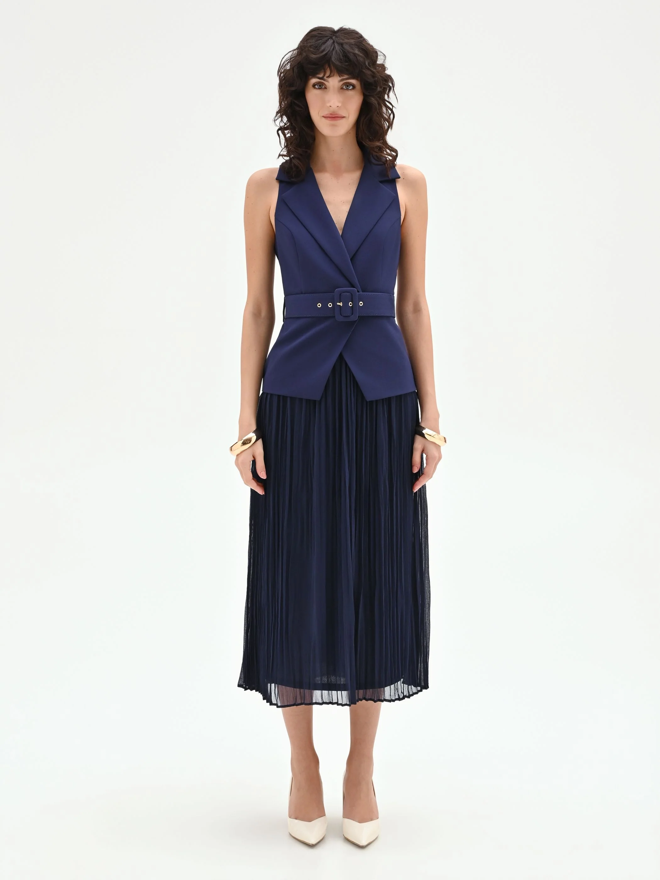 Abito midi blu navy con corpetto a gilet
