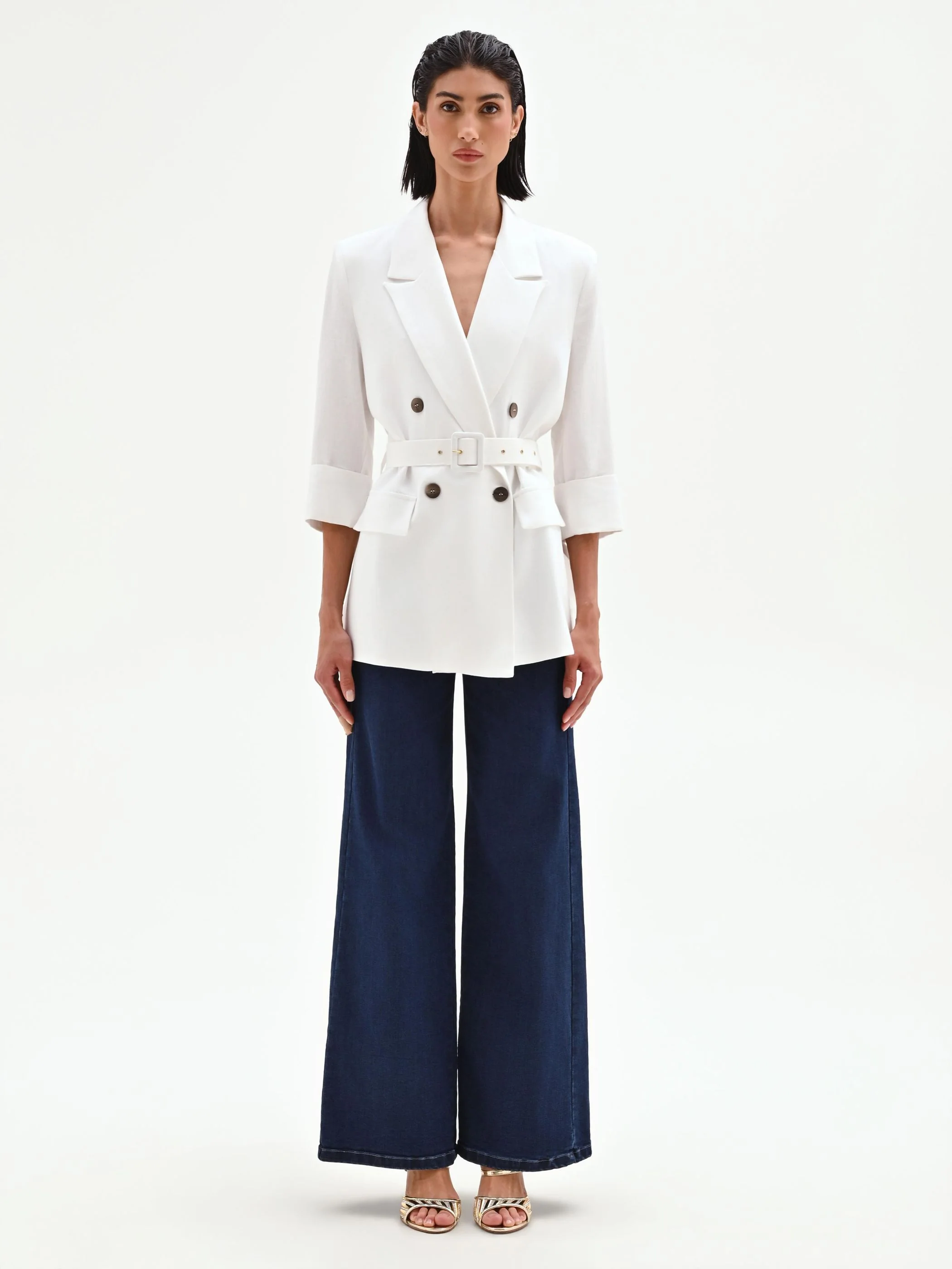 Blazer doppiopetto panna in lino con cintura