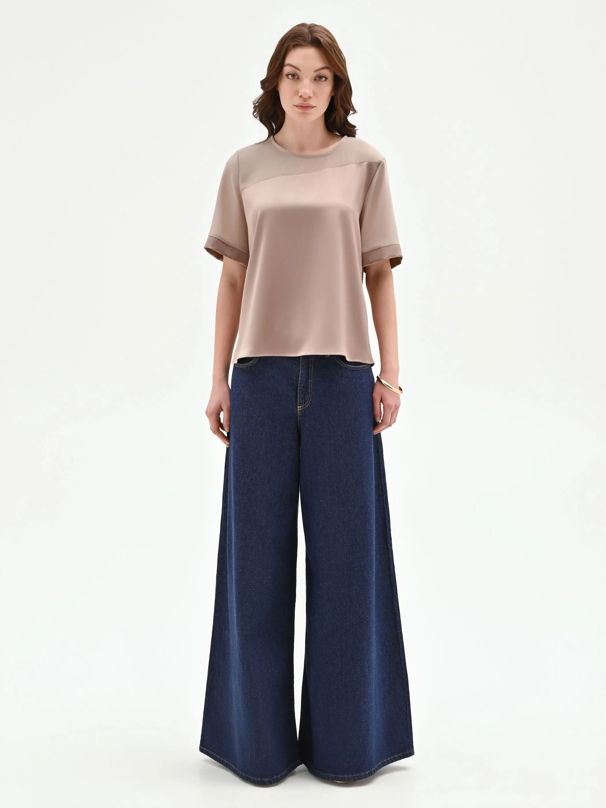 Blusa bimateriale tortora beige