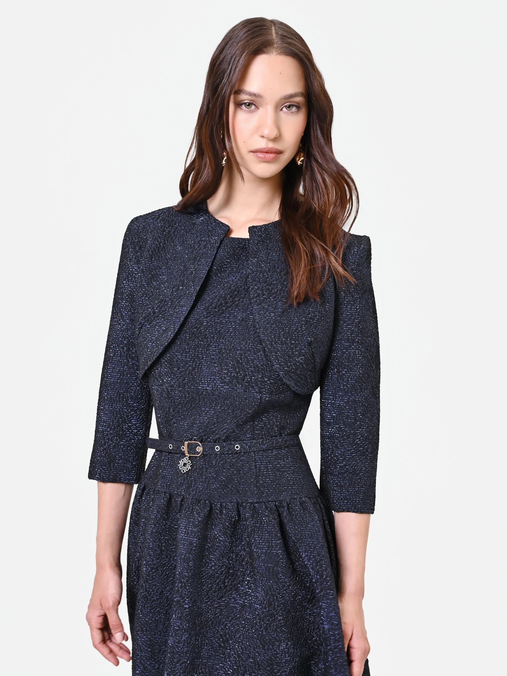 Coprispalla blu navy in tessuto jacquard - Image 3