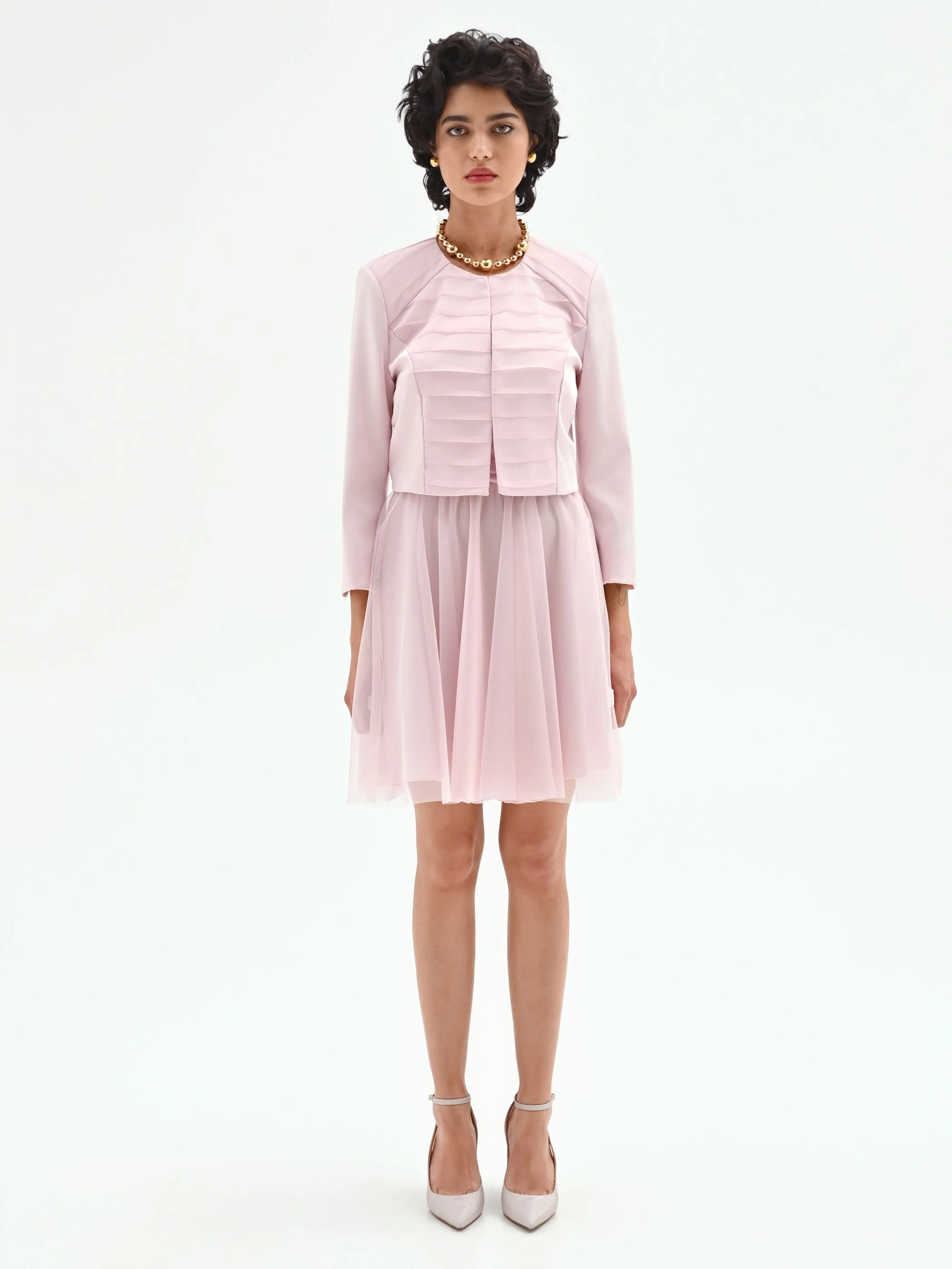 Coprispalla rosa pastello con pieghe orizzontali - Image 2