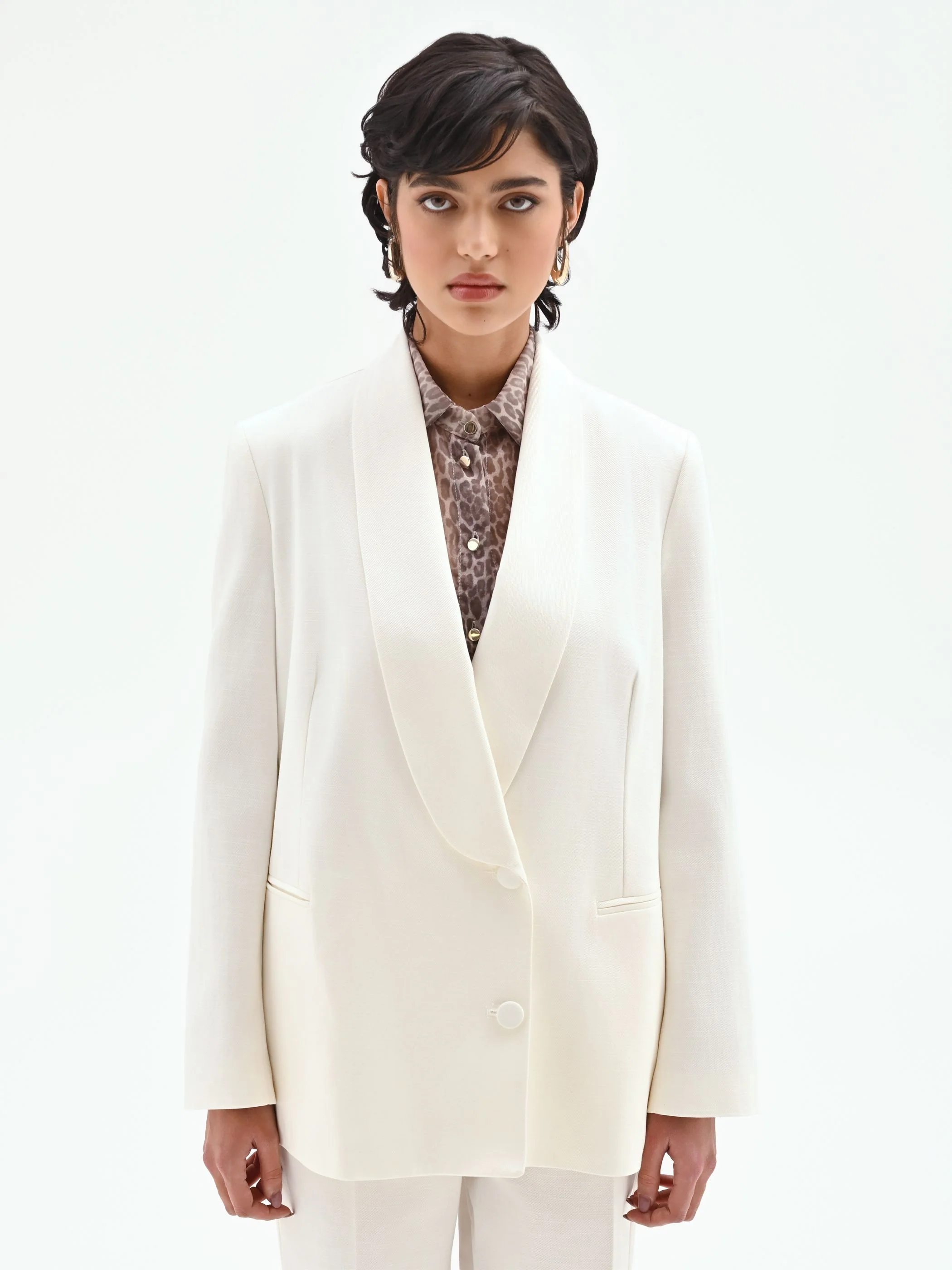 Giacca blazer doppiopetto in misto cotone lyocell bianco - Image 2