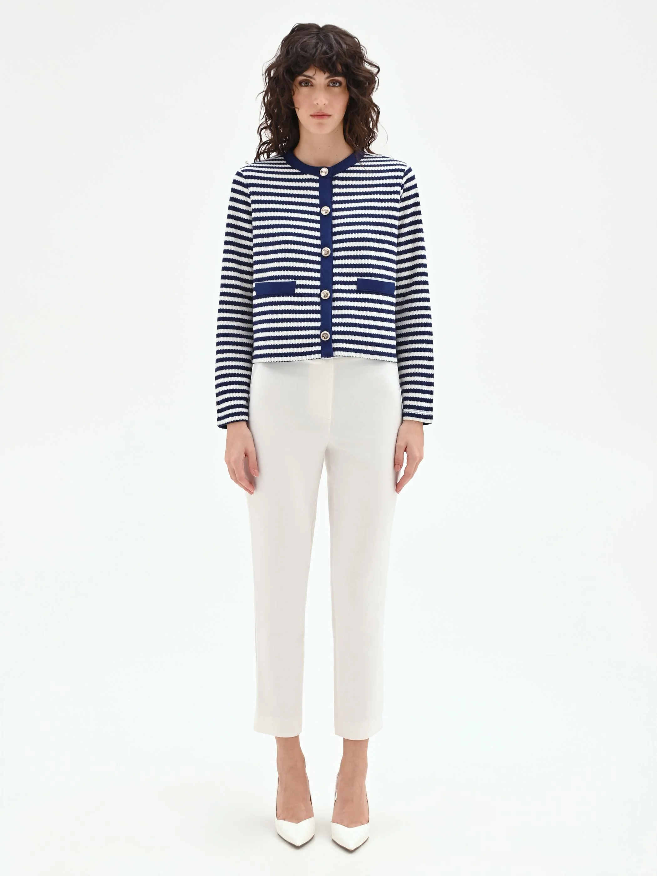 Giacca blu in maglia a righe
