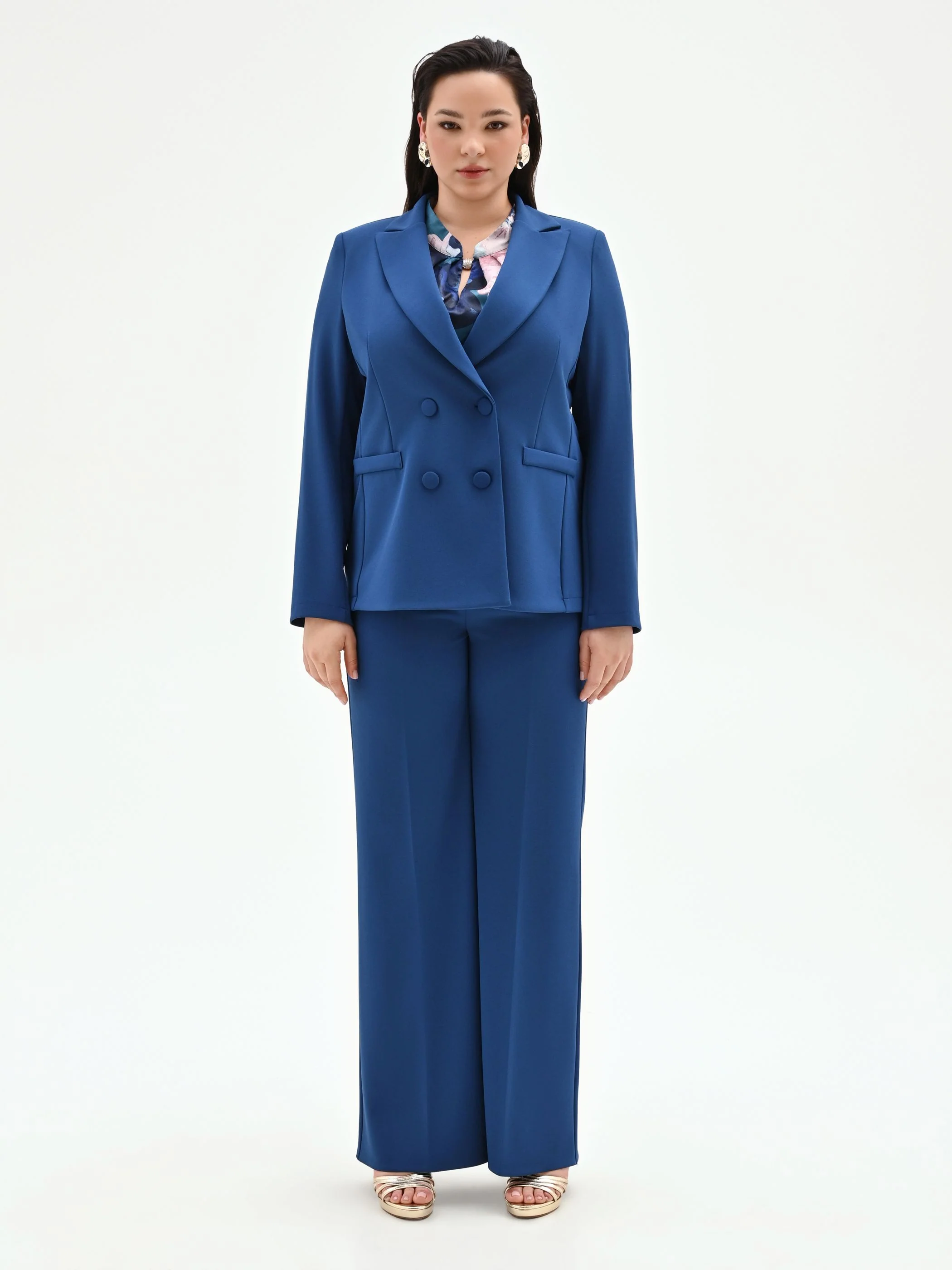 Giacca Curvy doppiopetto blu brillante in scuba mano crepe