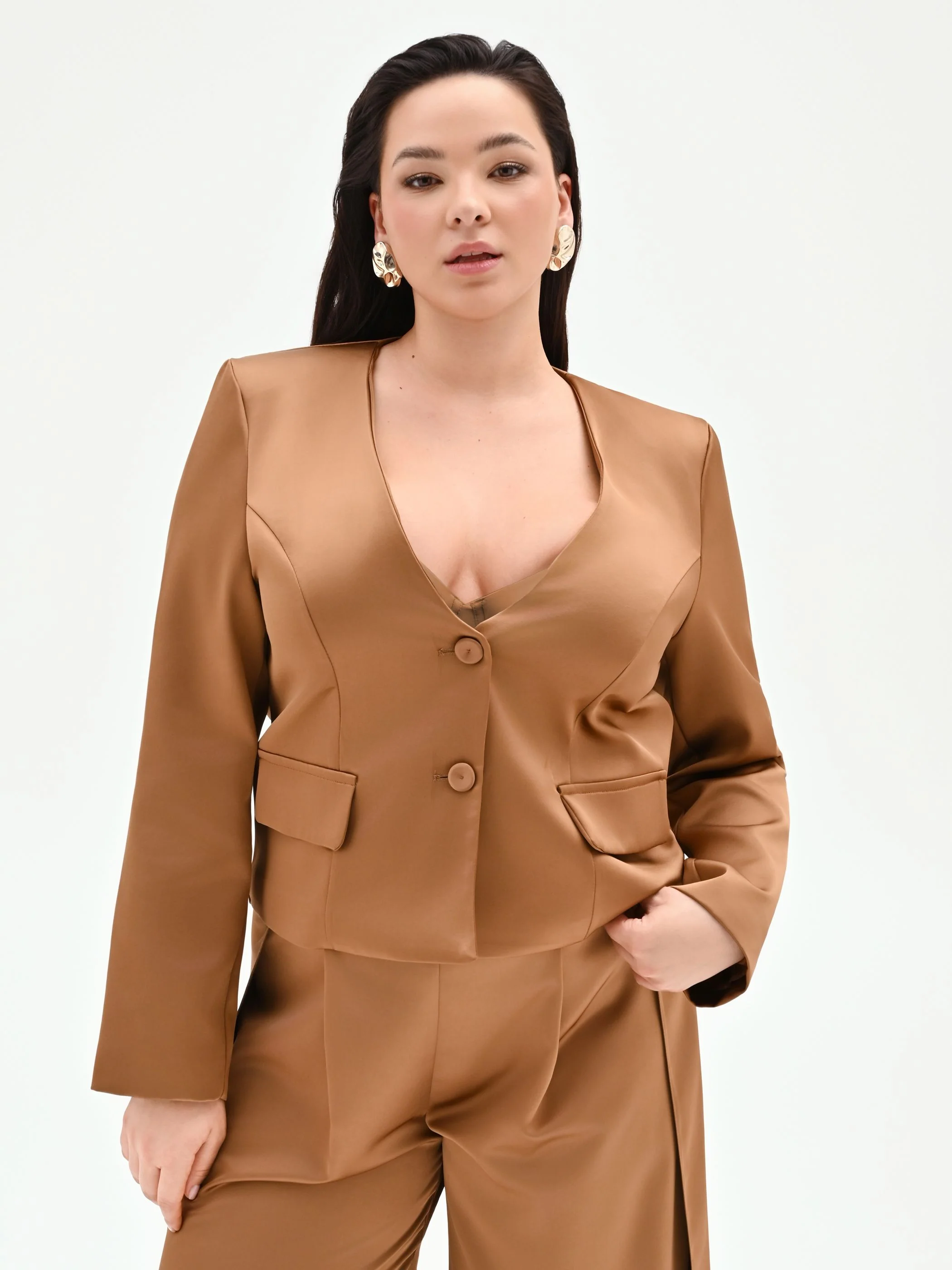 Giacca Curvy marrone bronzo in raso - Image 2