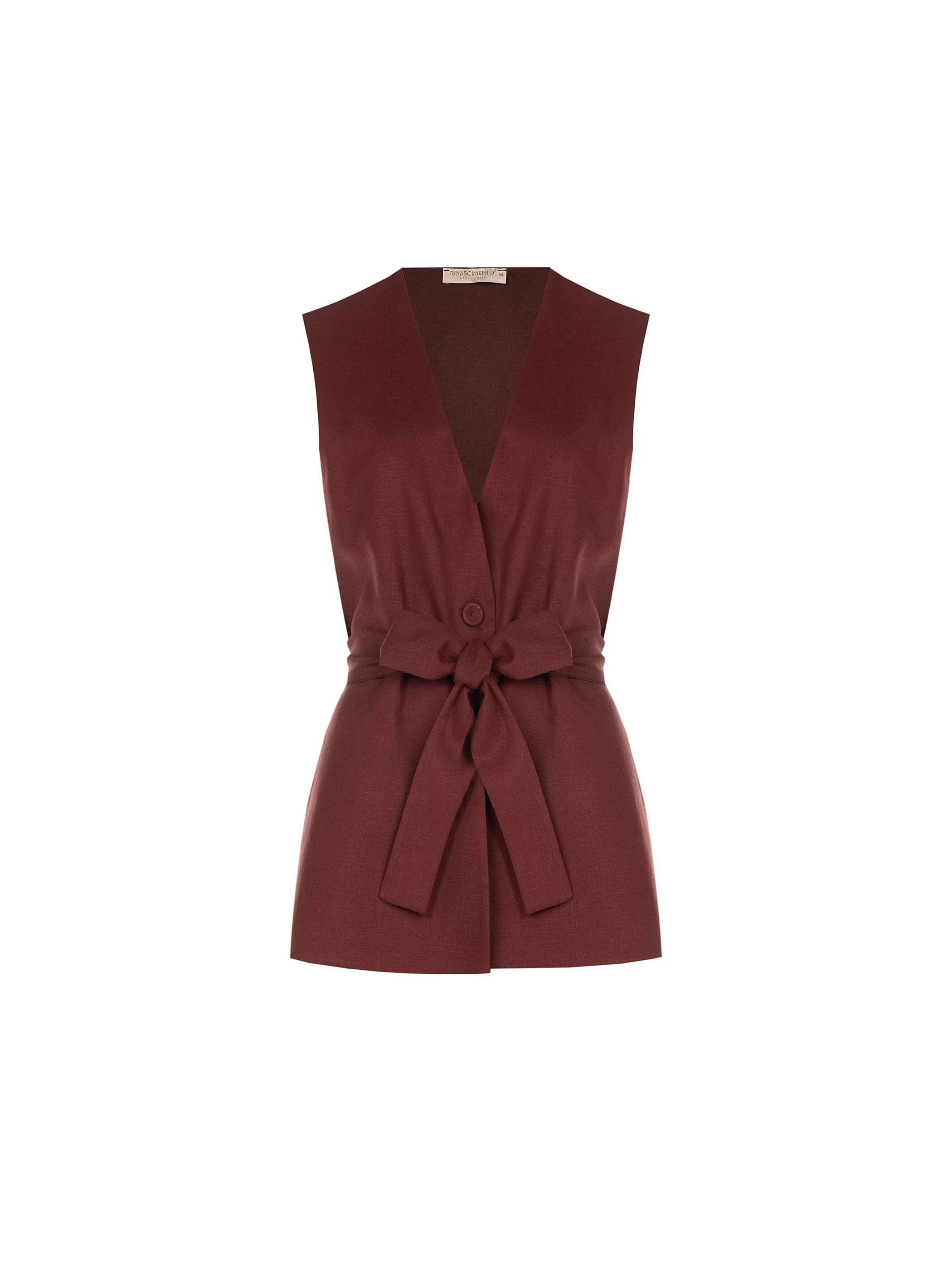 Gilet in lino rosso bordeaux con cintura - Image 7