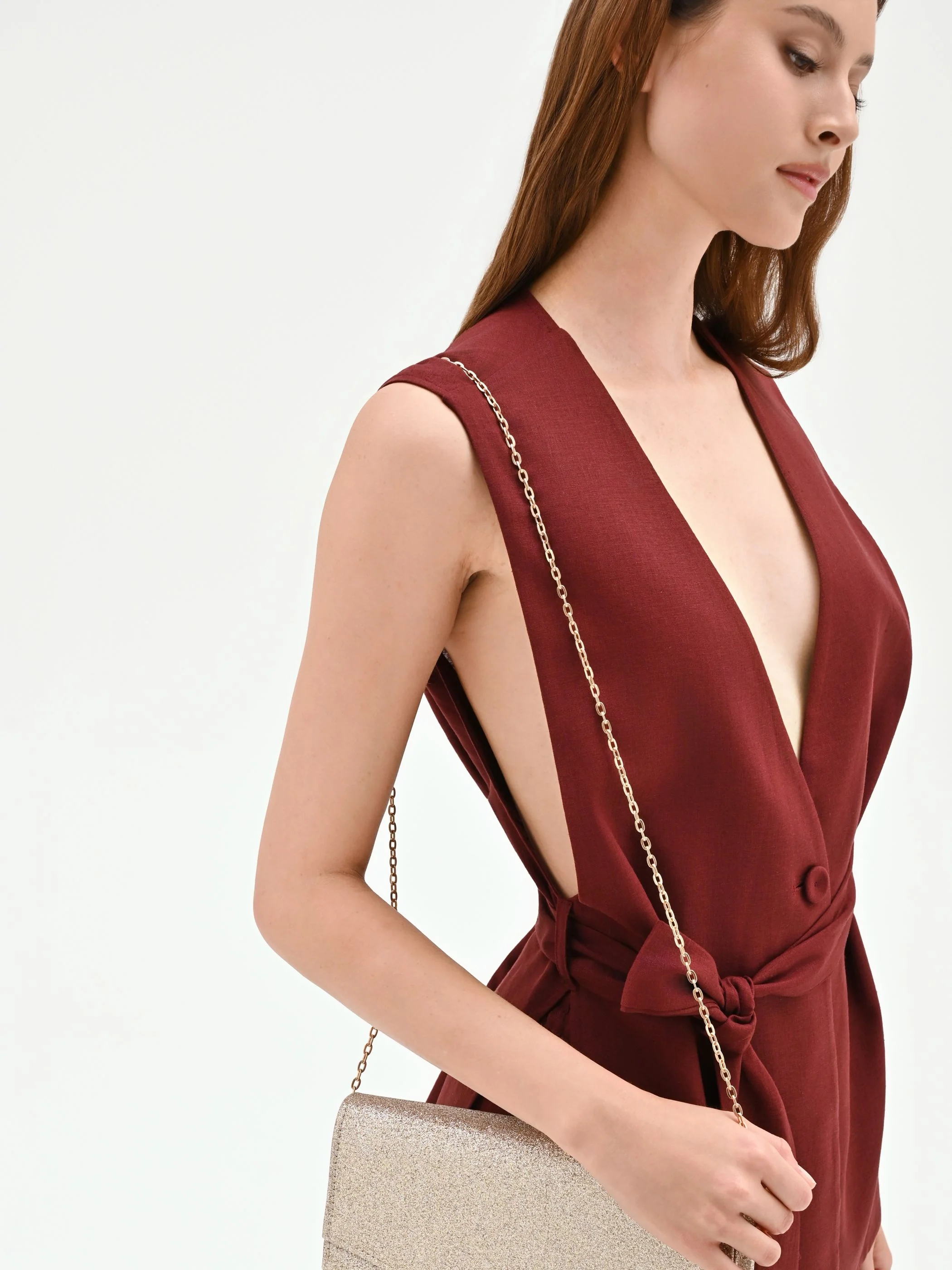Gilet in lino rosso bordeaux con cintura - Image 8