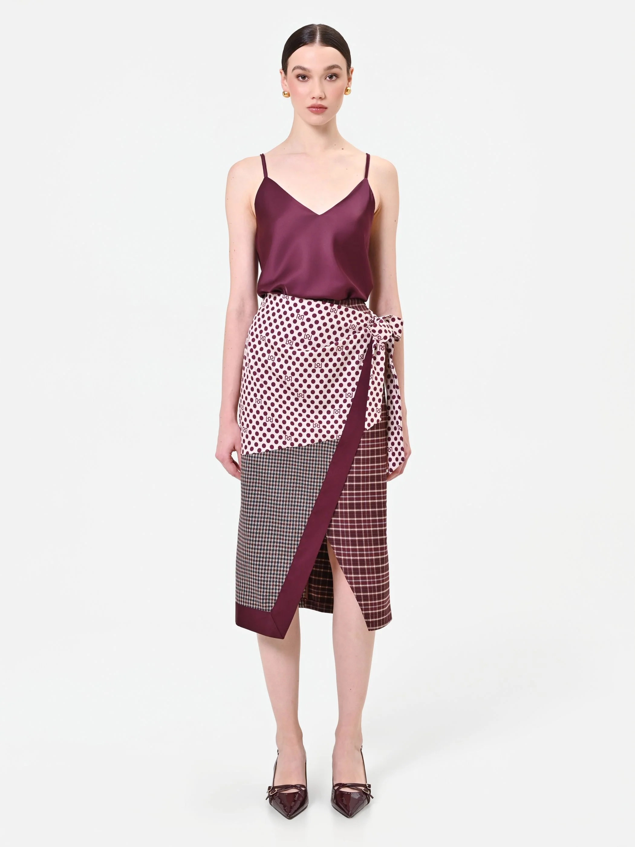 Gonna a portafoglio bordeaux con design patchwork - Image 3