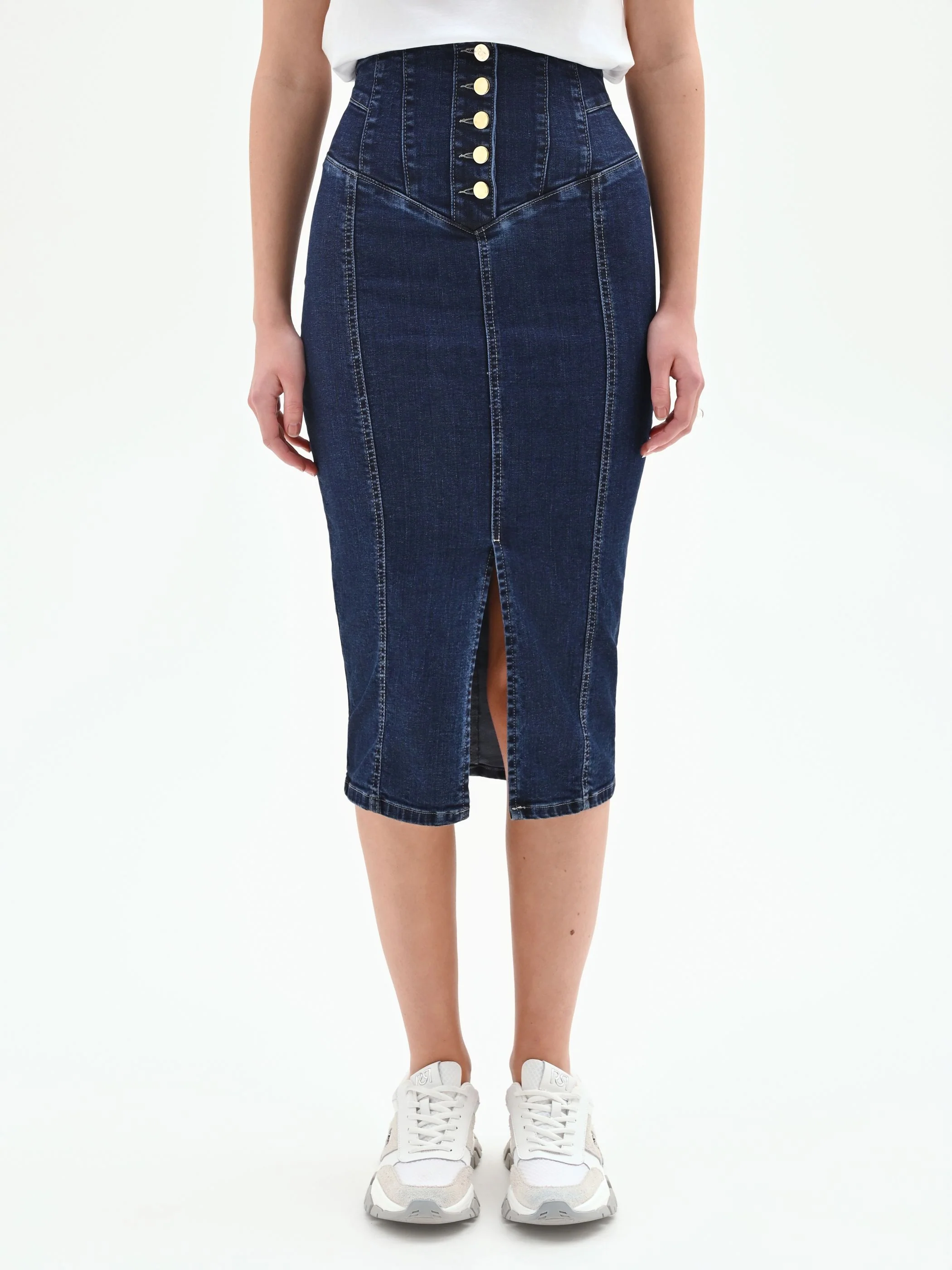 Gonna longuette denim blu navy con bottoni dorati - Image 2