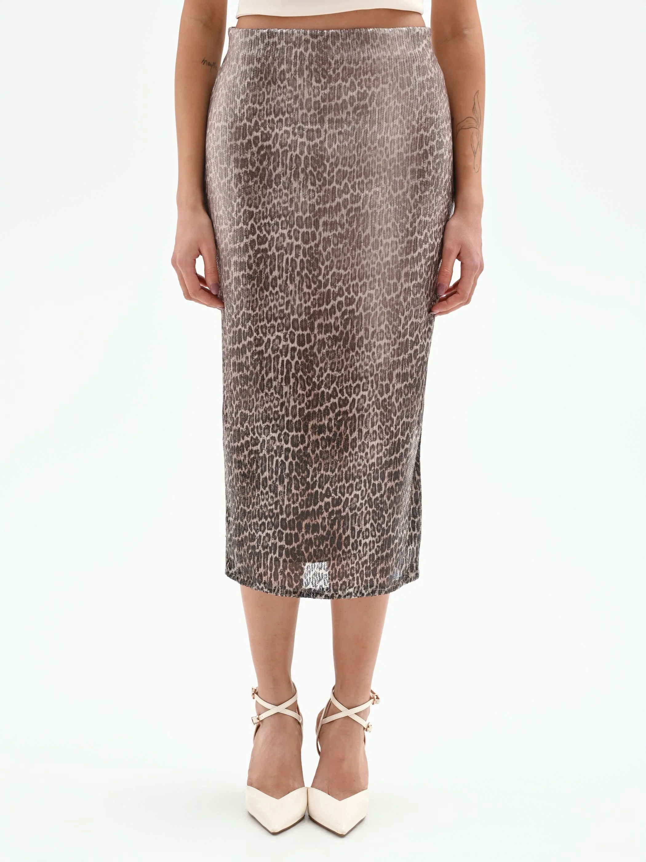 Gonna tubino paillettes animalier tortora beige