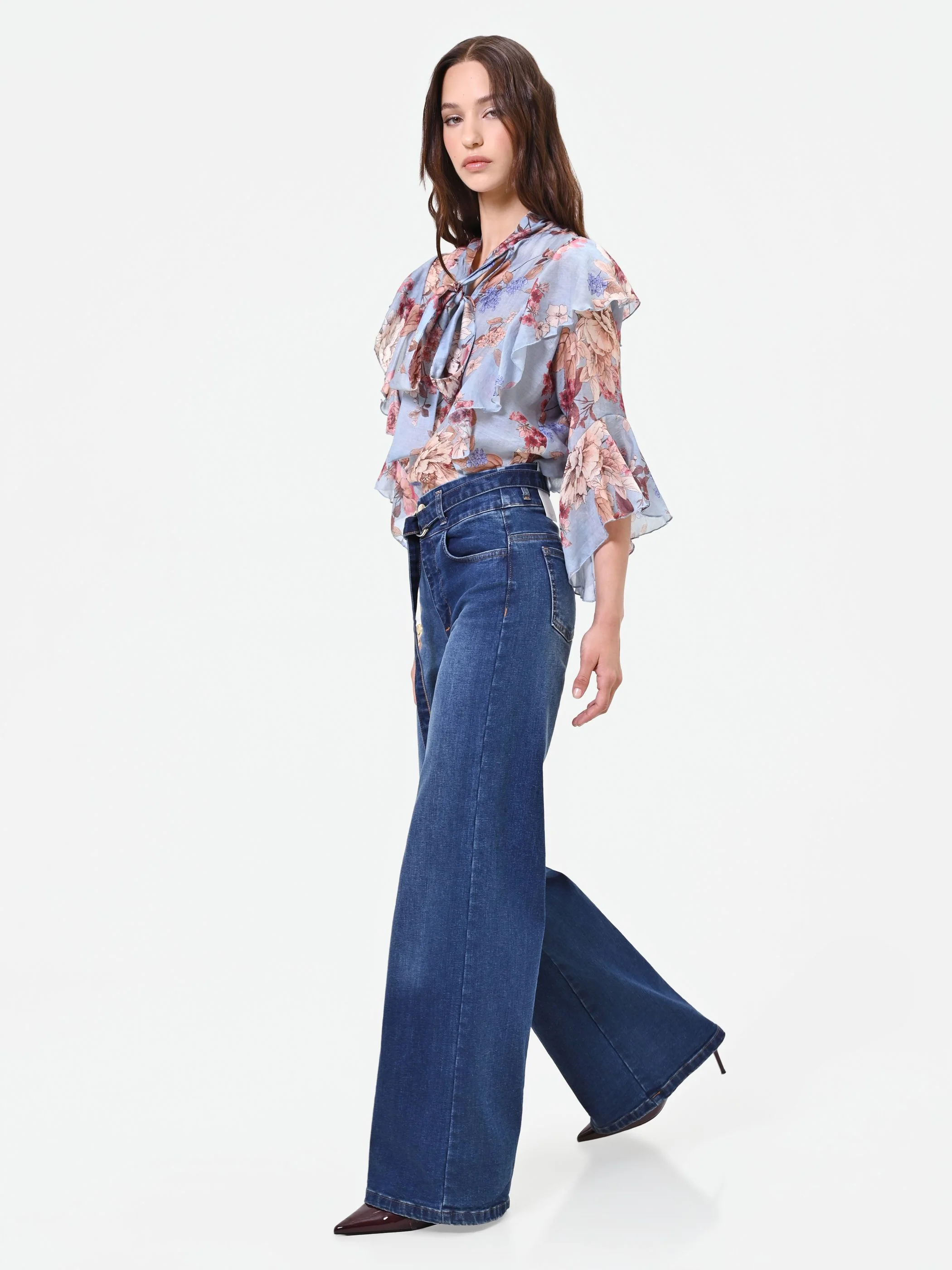 Jeans blu a vita alta con cintura gamba ampia - Image 4