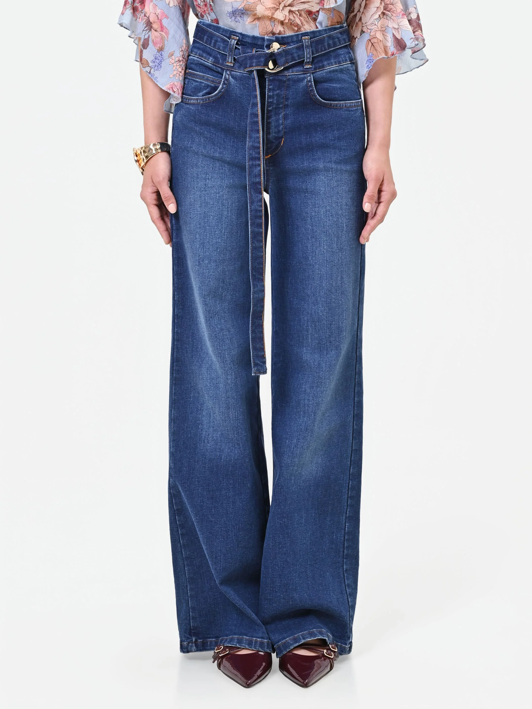 Jeans blu a vita alta con cintura gamba ampia - Image 5
