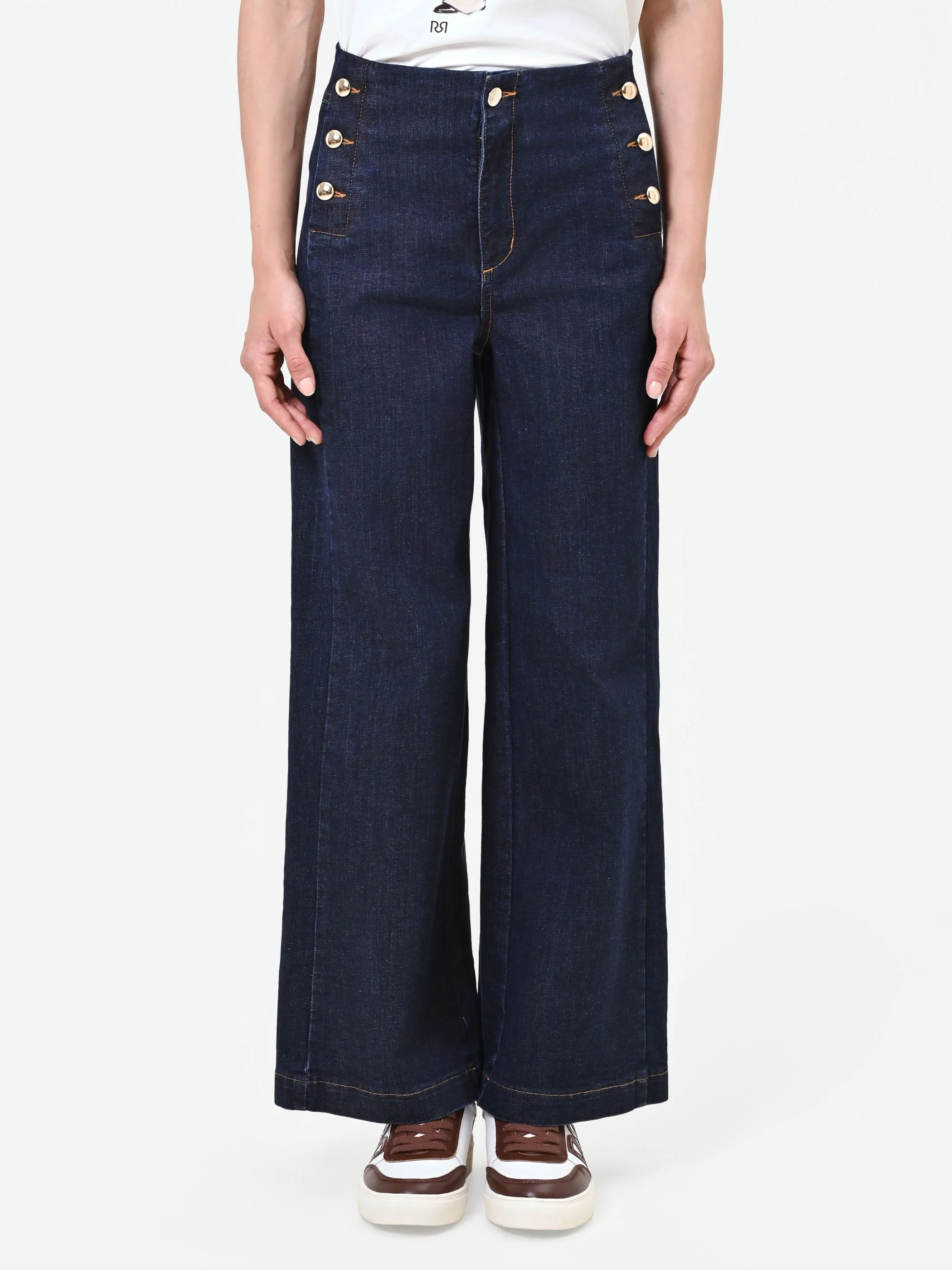 Jeans blu navy a palazzo con bottoni stile marina - Image 3