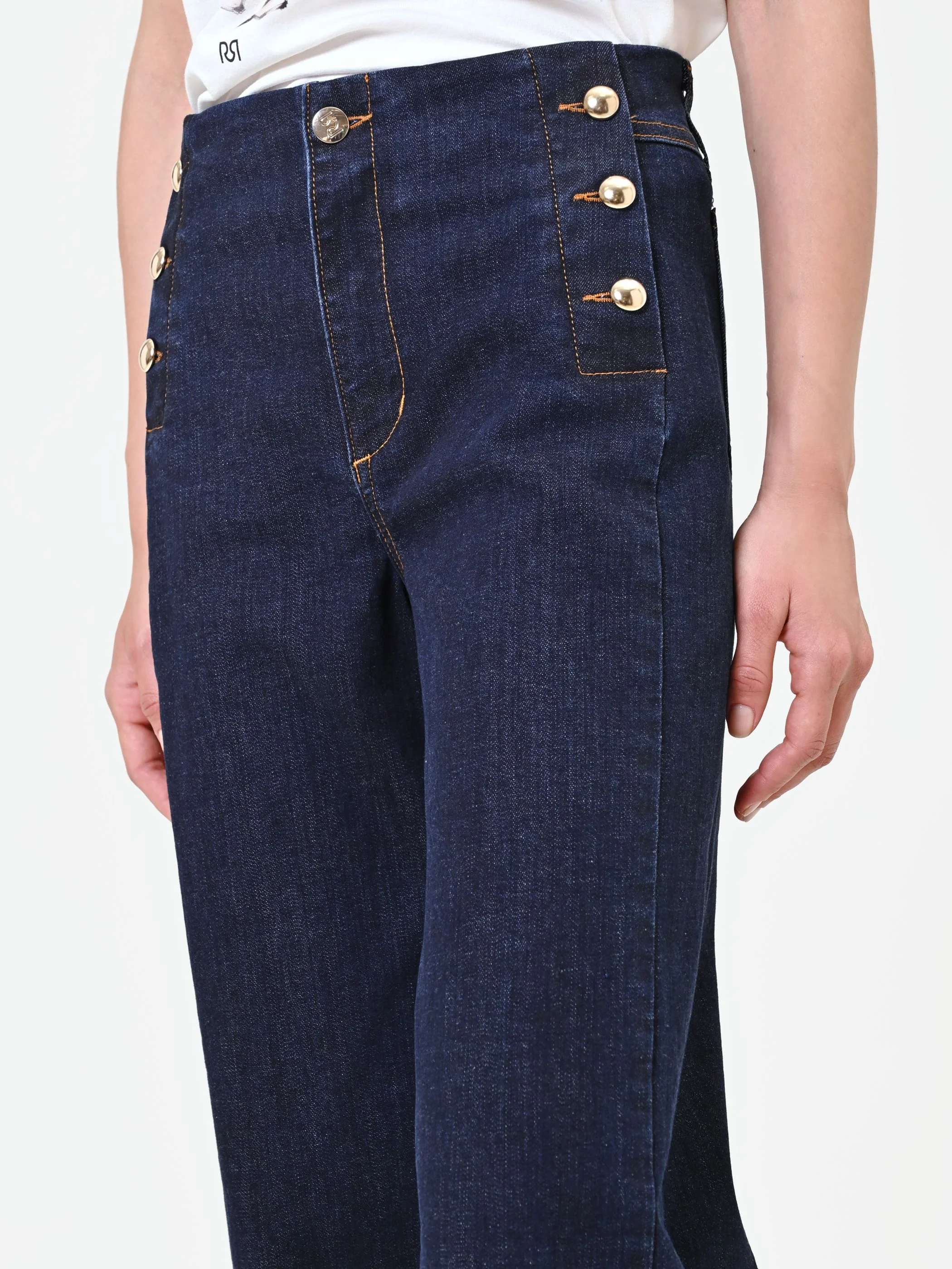 Jeans blu navy a palazzo con bottoni stile marina - Image 4