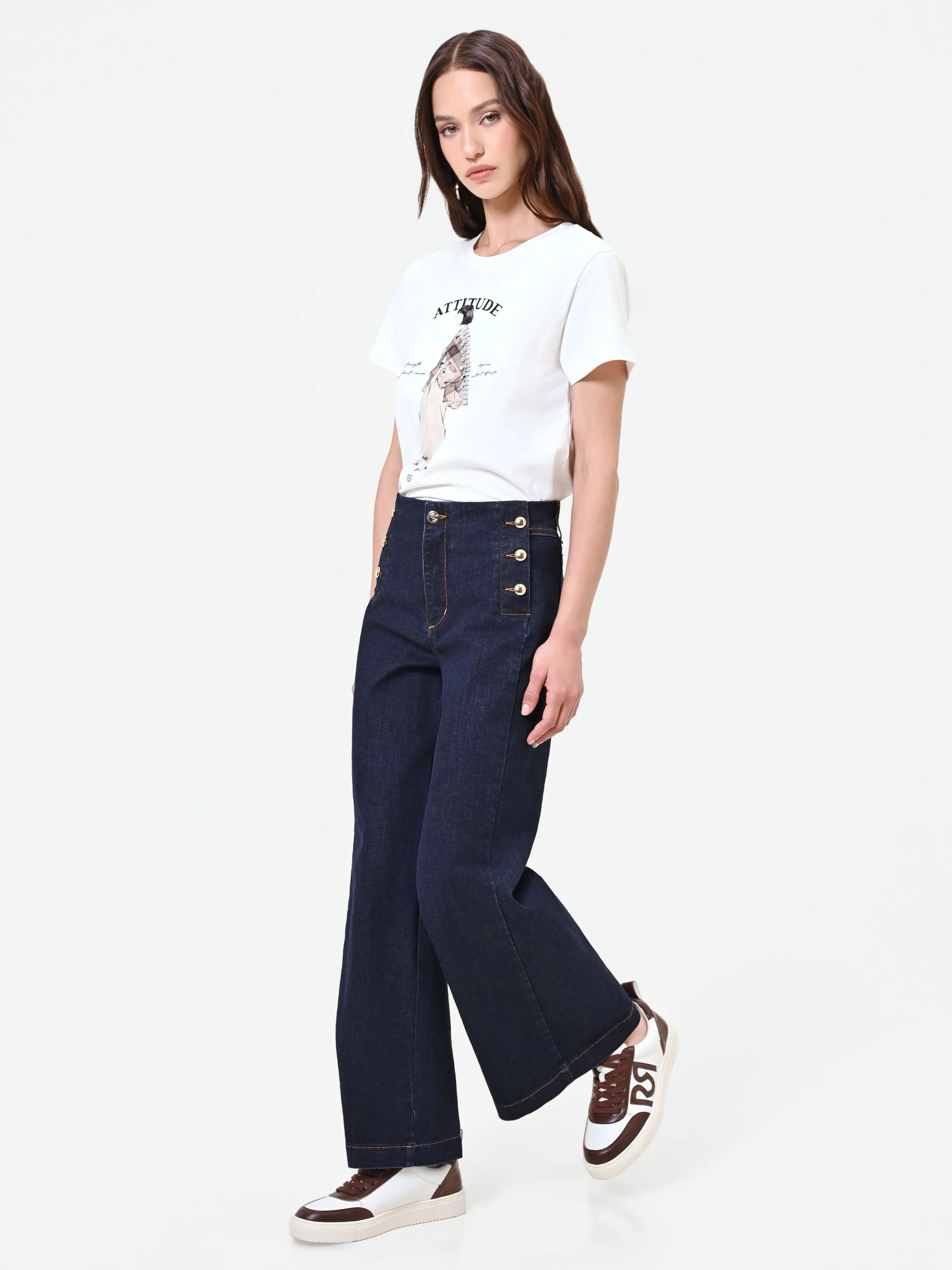 Jeans blu navy a palazzo con bottoni stile marina - Image 5