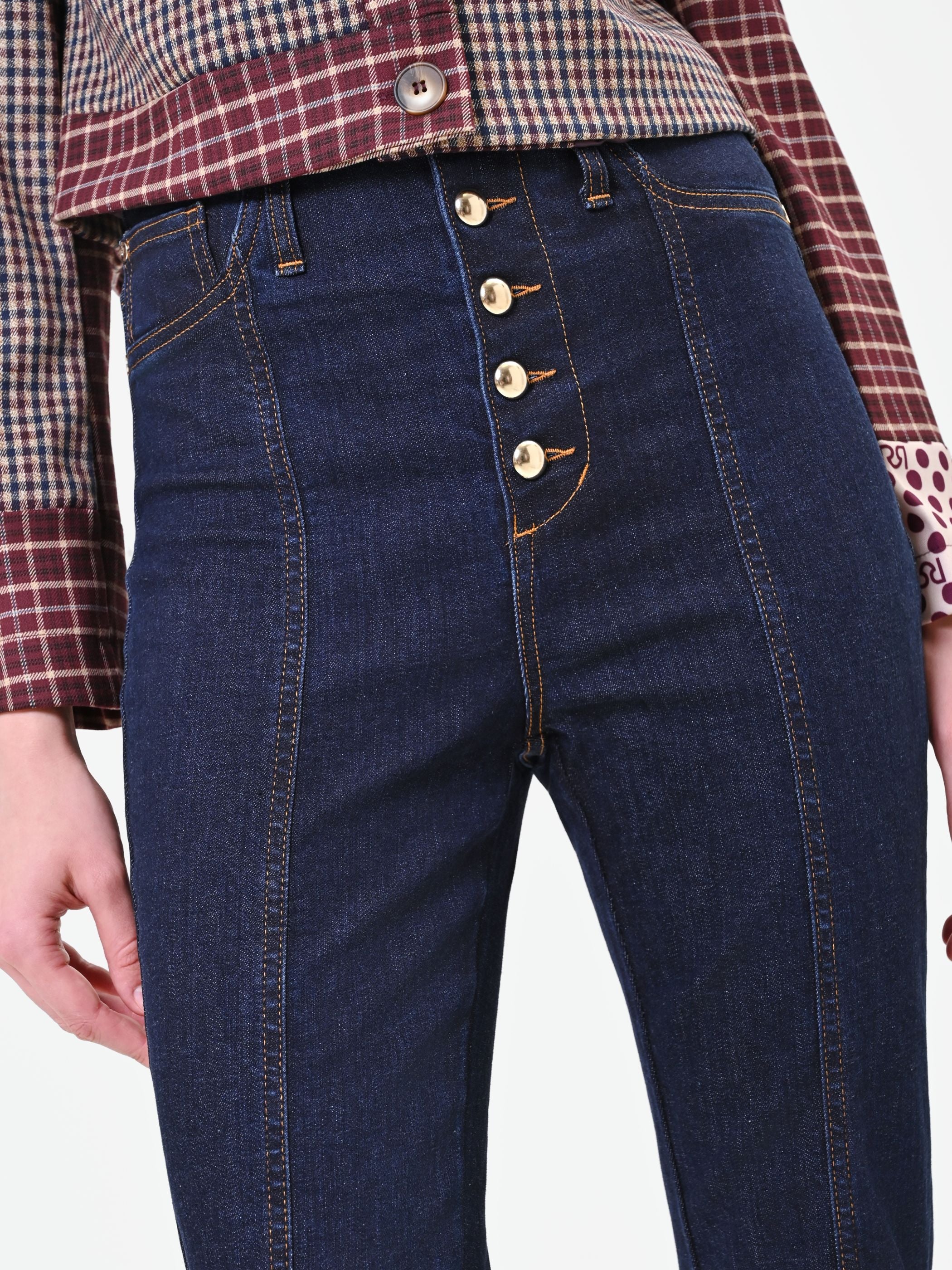 Jeans blu navy a vita alta con bottoni - Image 3