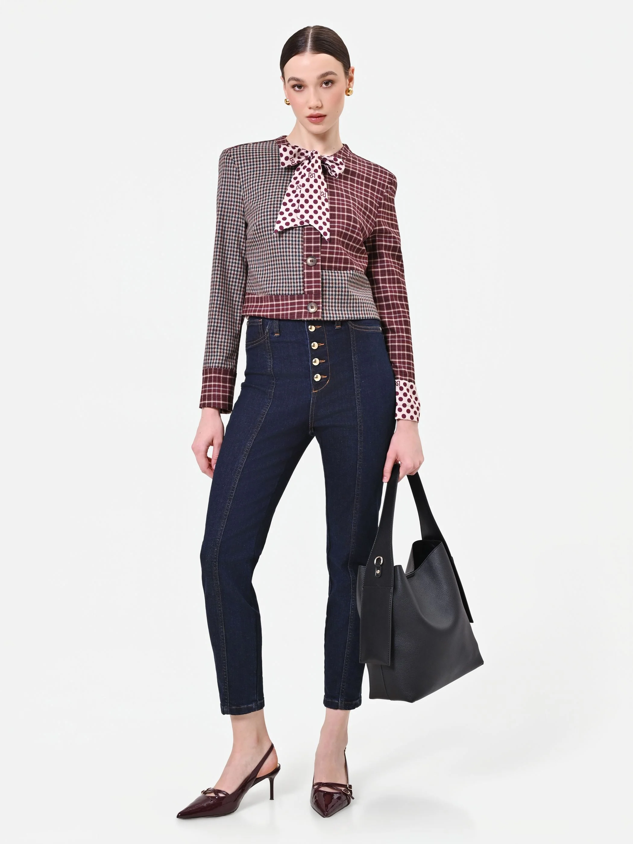 Jeans blu navy a vita alta con bottoni - Image 6
