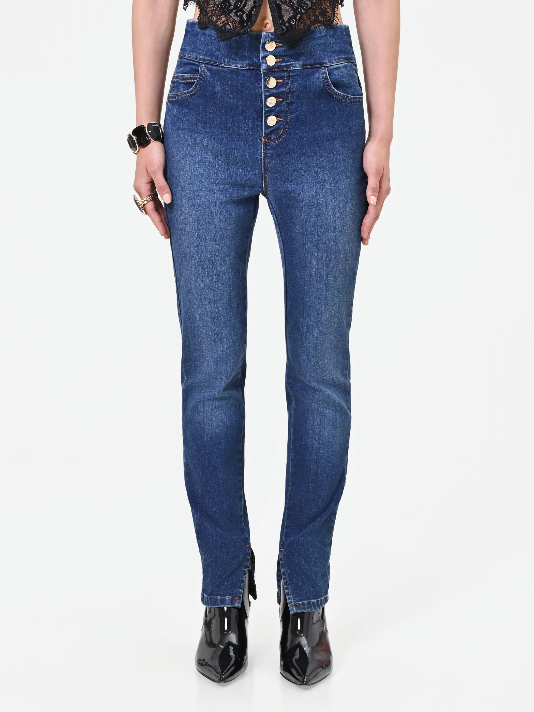 Jeans skinny blu con bottoni piatti - Image 4