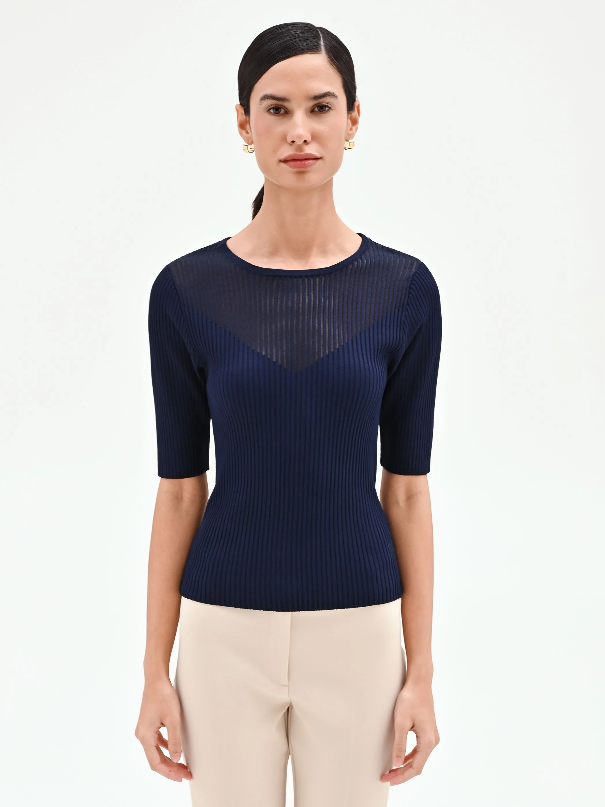 Maglia blu navy a costine con gioco di trasparenze - Image 2