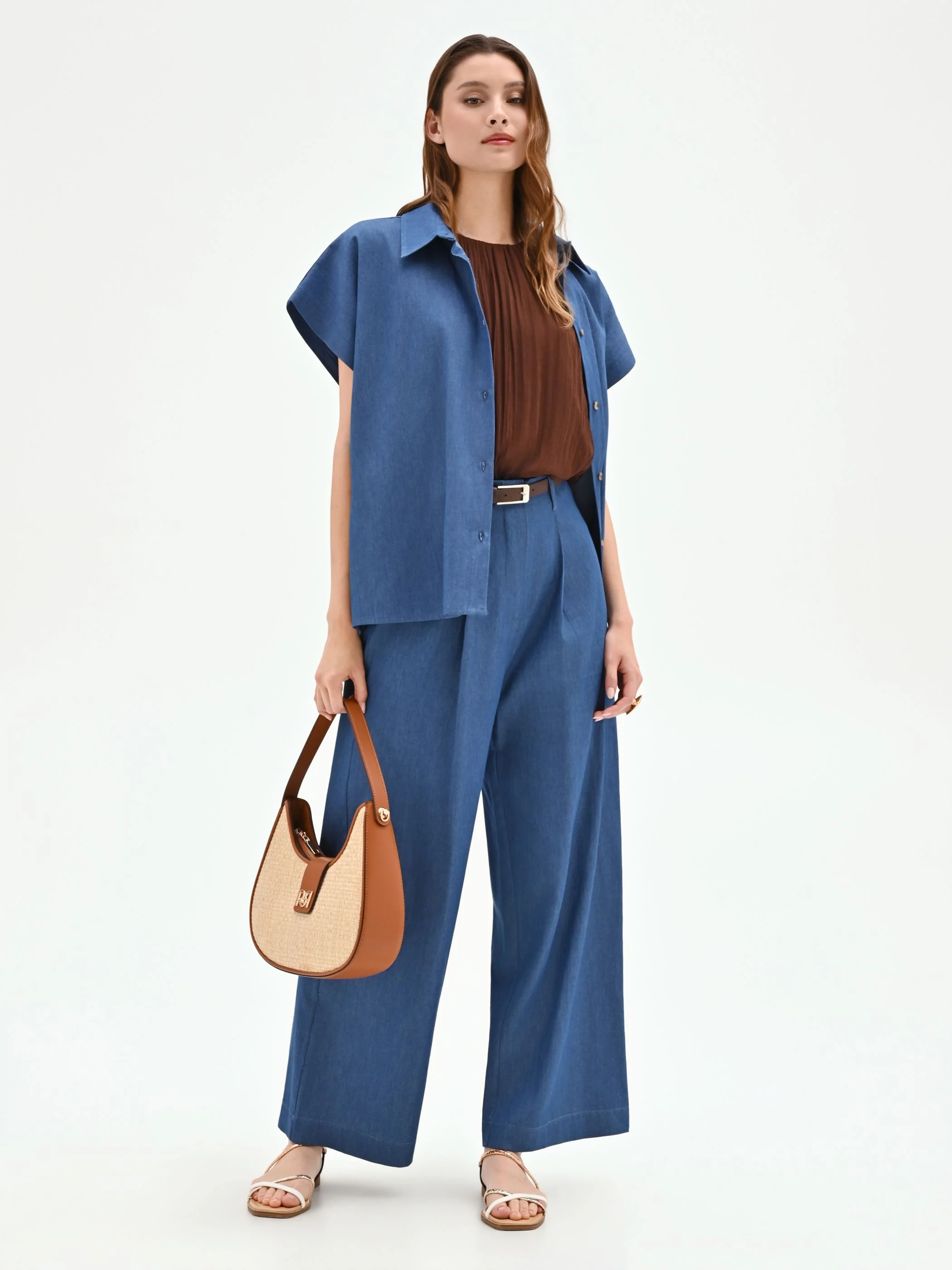 Pantalone a palazzo blu indaco con cintura - Image 7
