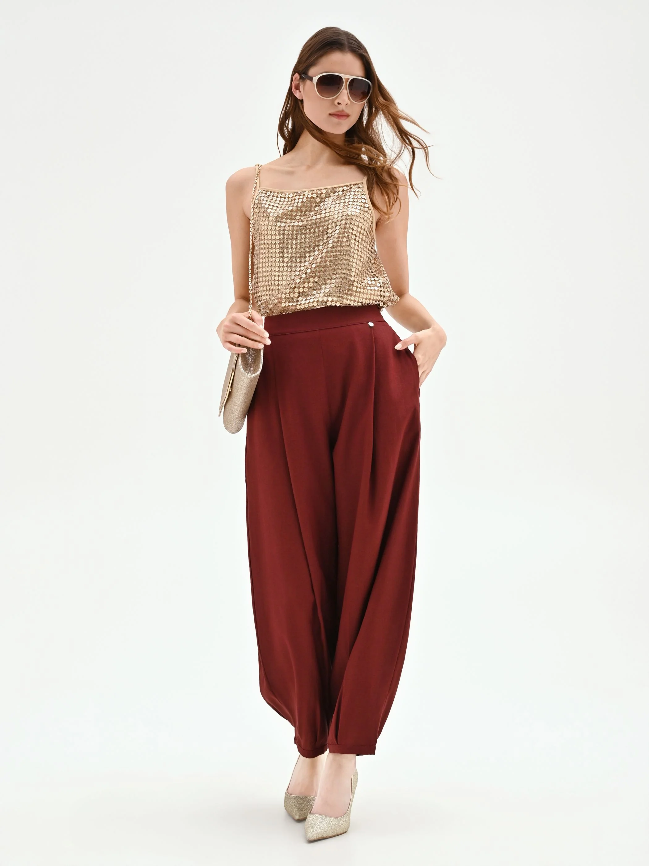 Pantalone bordeaux a palloncino in lino - Image 7