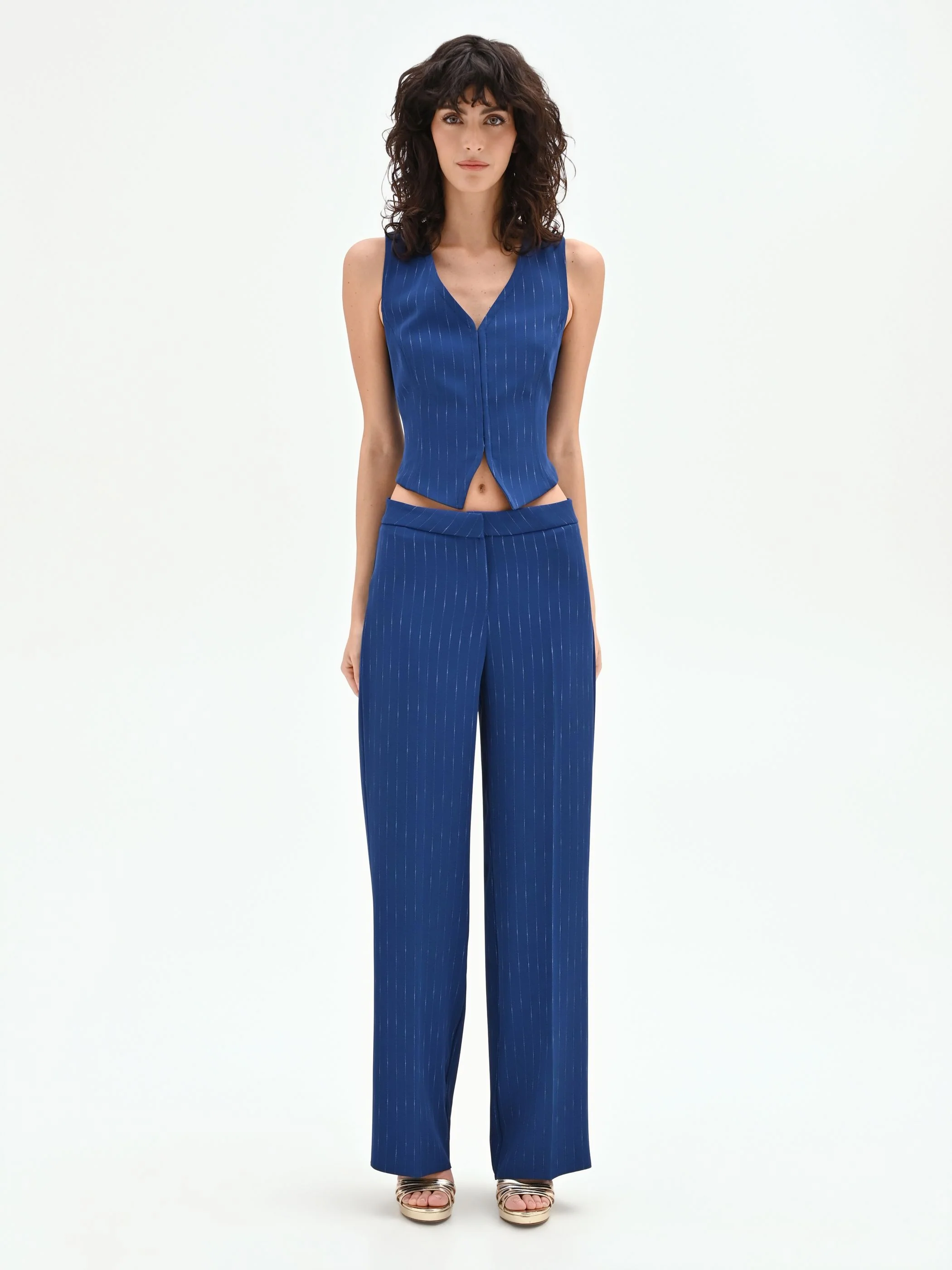 Pantalone gessato gamba ampia blu brillante a vita bassa
