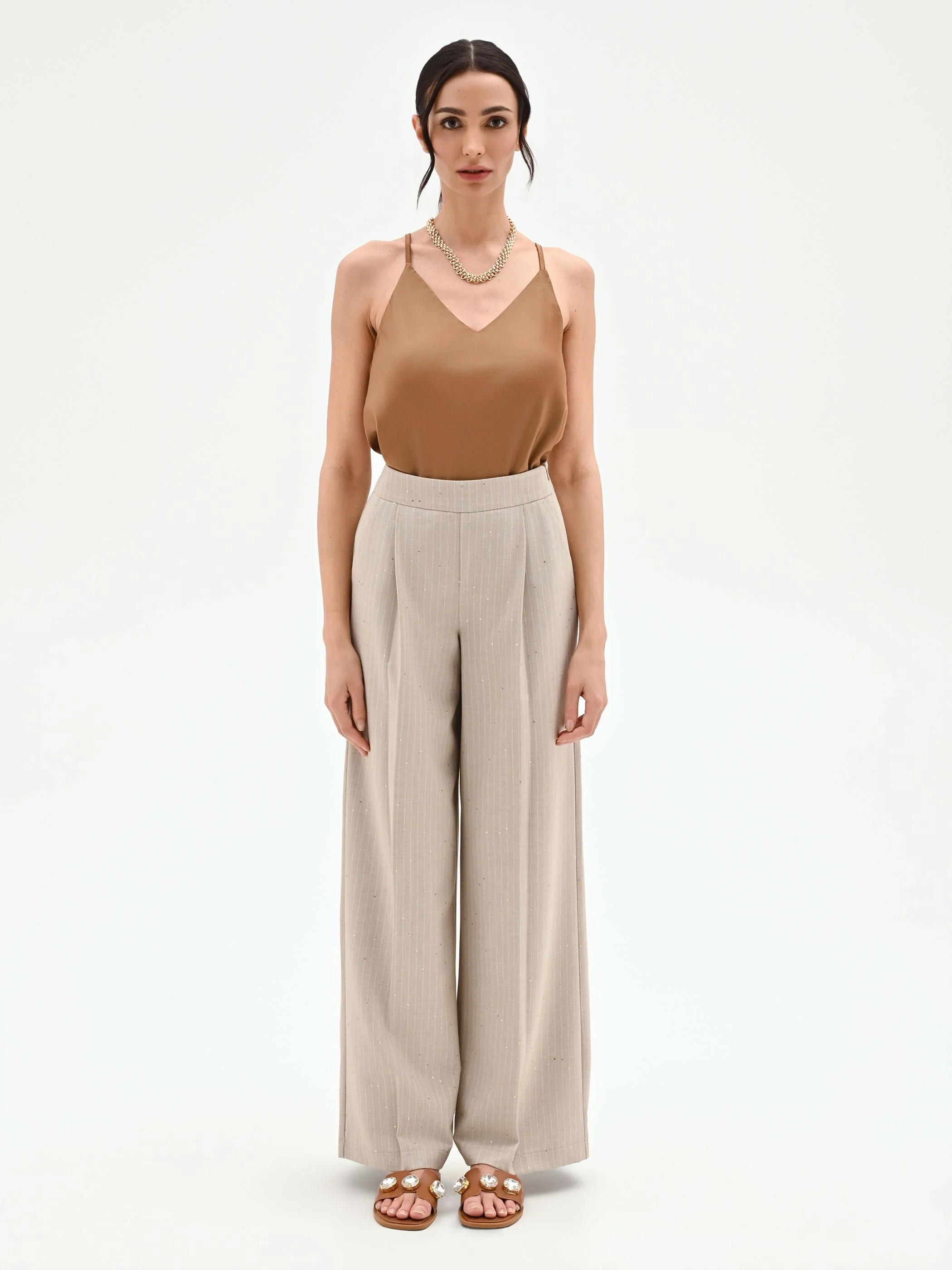 Pantalone palazzo beige gessato con punti luce