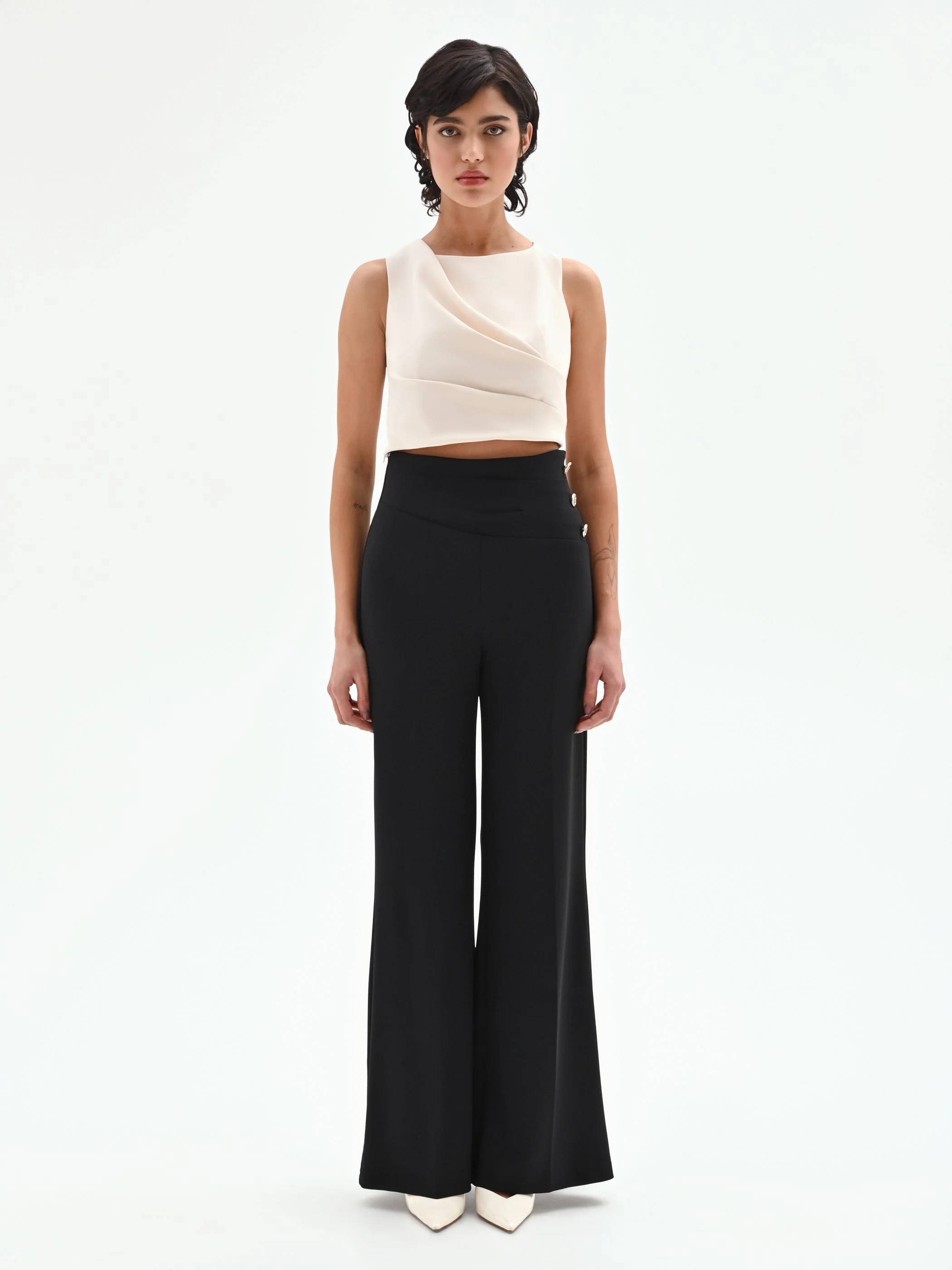 Pantalone Palazzo Vita Alta Nero con Bottoni