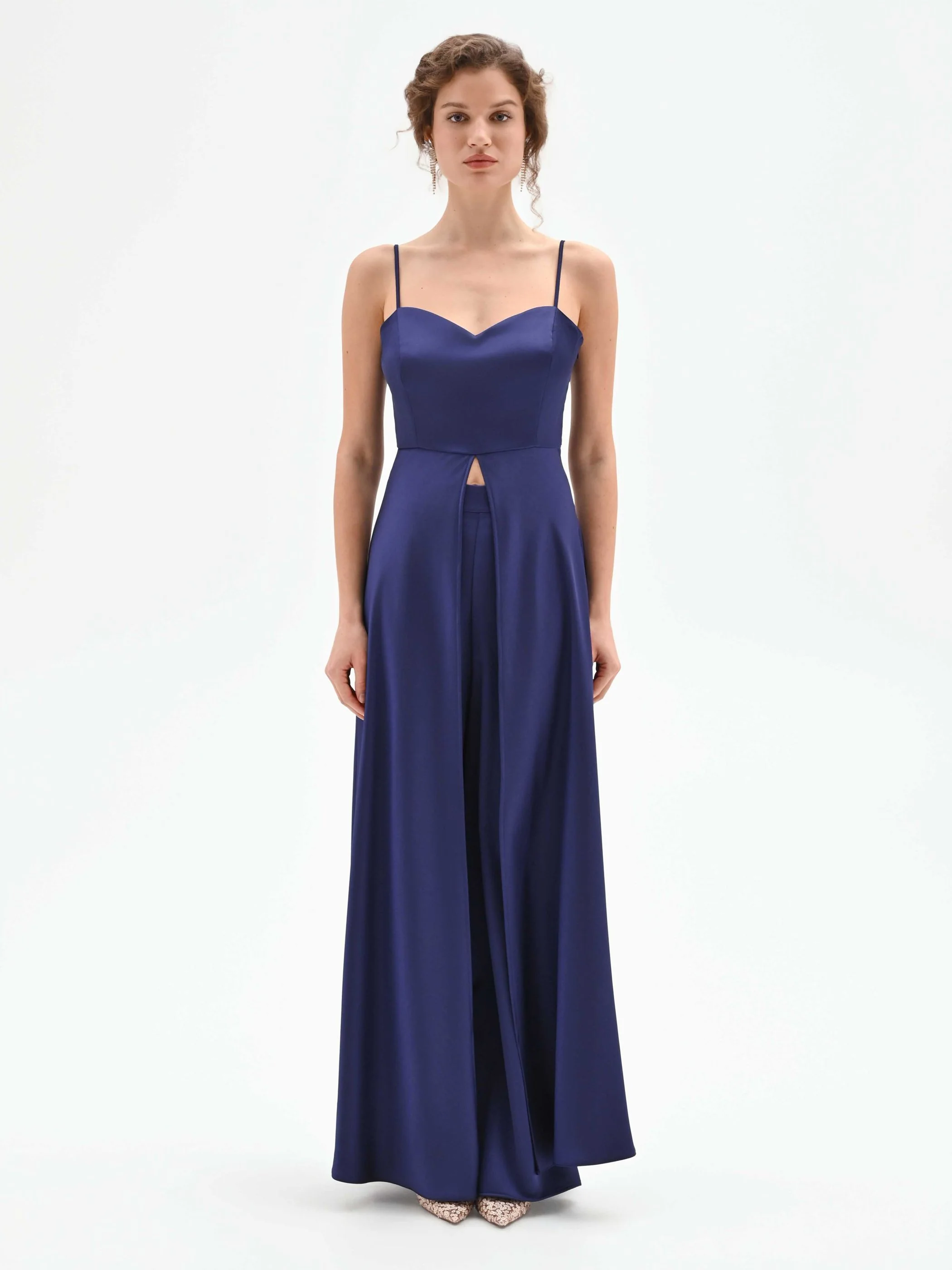 Top atelier lungo in raso blu indaco