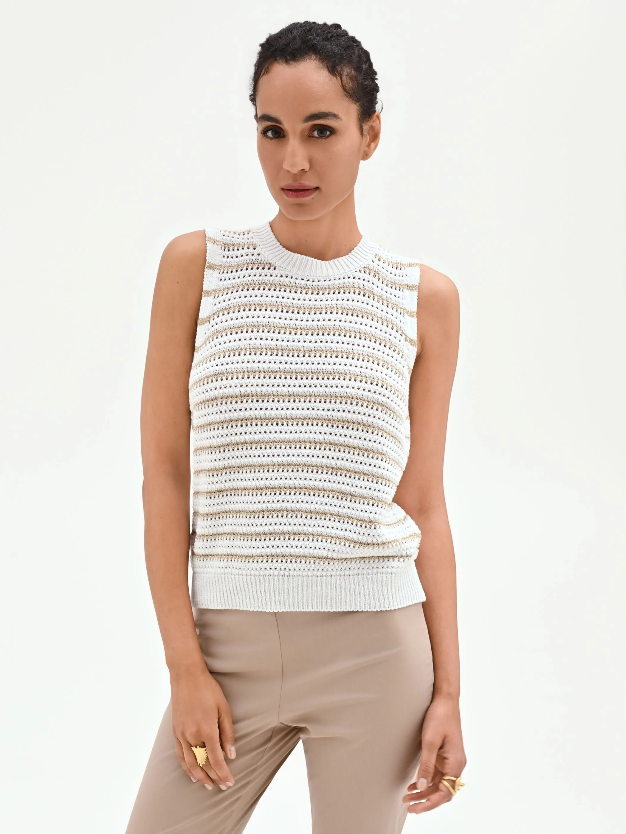 Top bianco panna in maglia crochet a righe - Image 4
