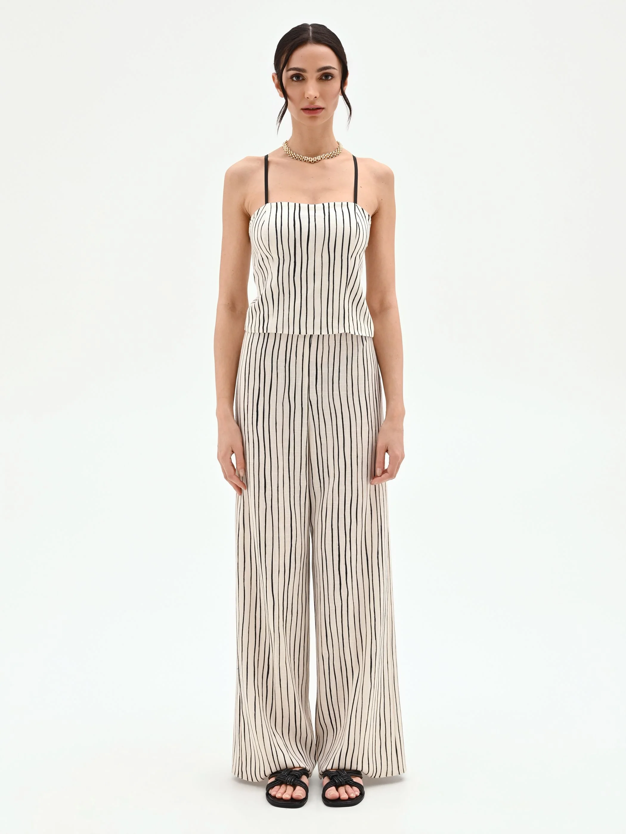 Top in lino panna con fantasia a righe