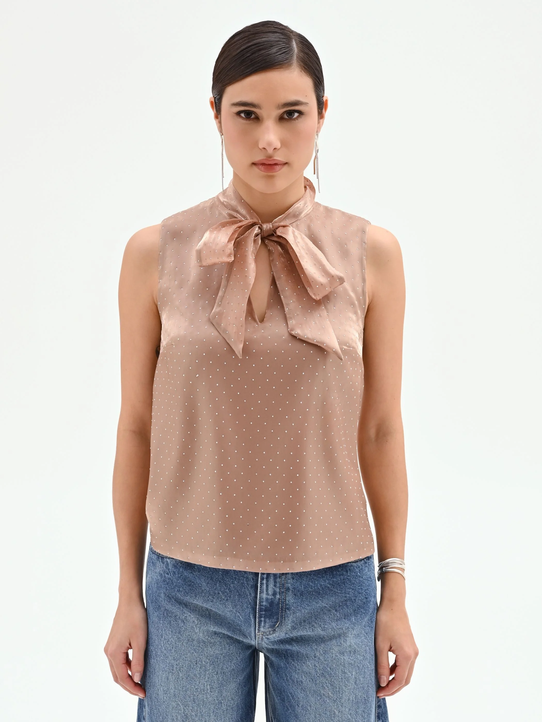 Top marrone bronzo con fiocco e punti luce - Image 2