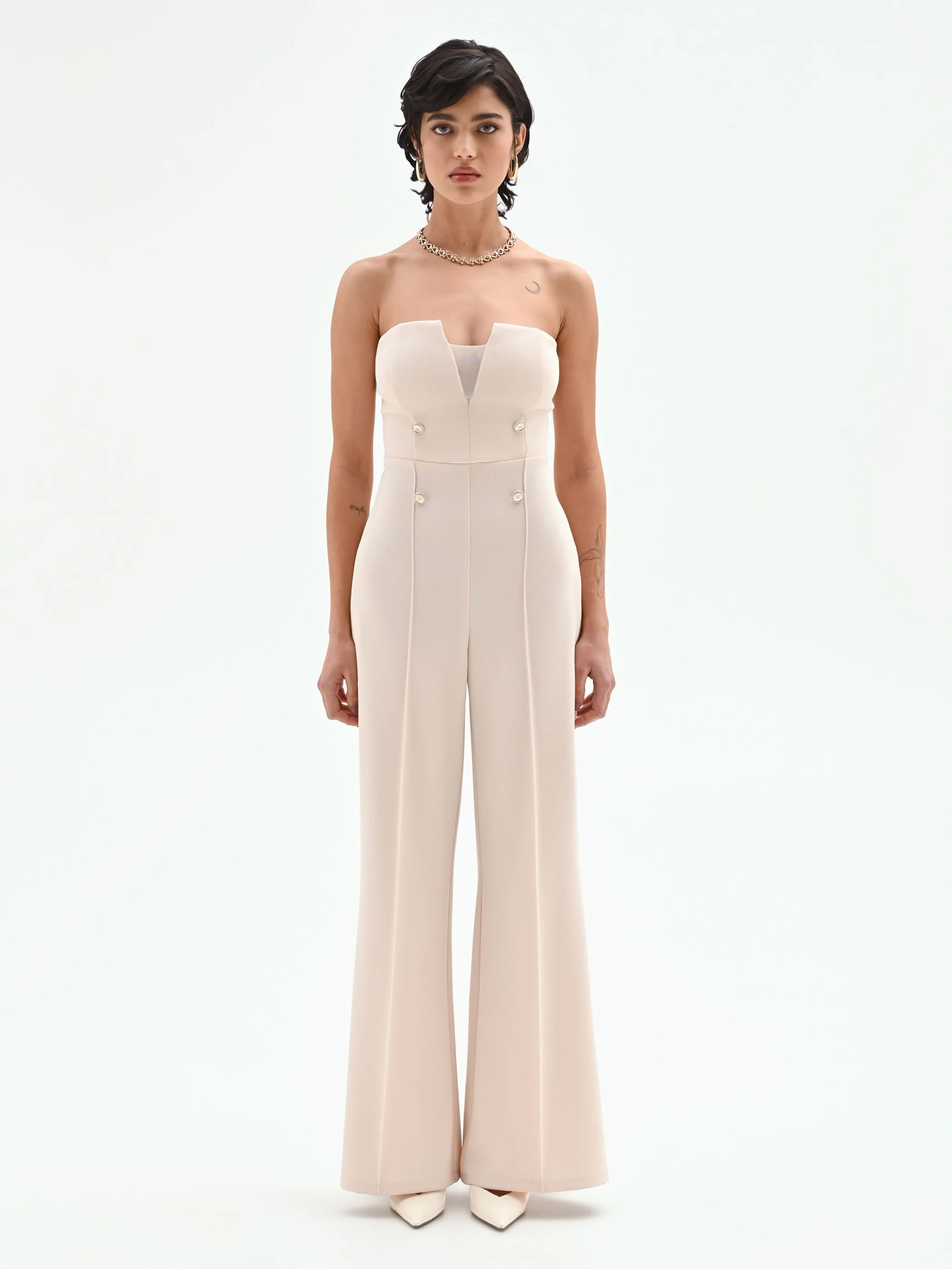 Tuta palazzo beige chiaro con bottoni e bustier - Image 2